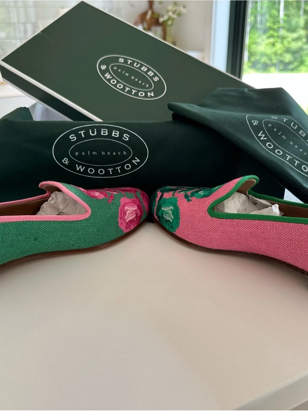 Stubbs & Wootton Pink and Green Floral Embroidered Slip-On Loafers - Picture 4 of 7